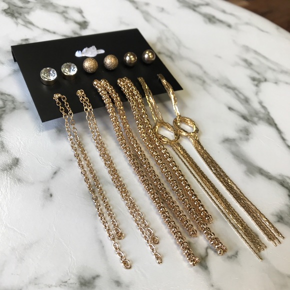 6 Piece Stud Drop Earrings Set Gold Silver Diamond - Picture 2 of 7